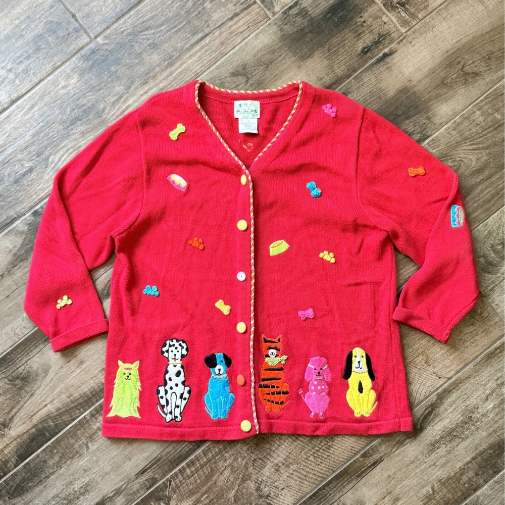 Quacker Factory Women Kitschy Cat Dog Embroidered Novelty Cardigan,Red,1X